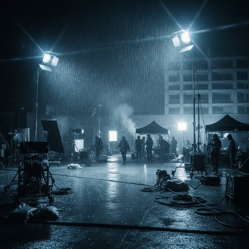A film crew works on an outdoor set at night under bright lights during a heavy rainstorm.